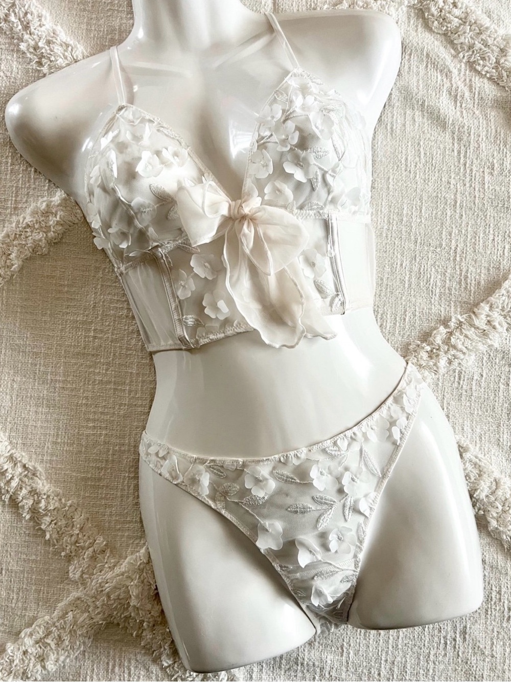 Sheer Floral Embroidered Bralette & panty Set in Ivory